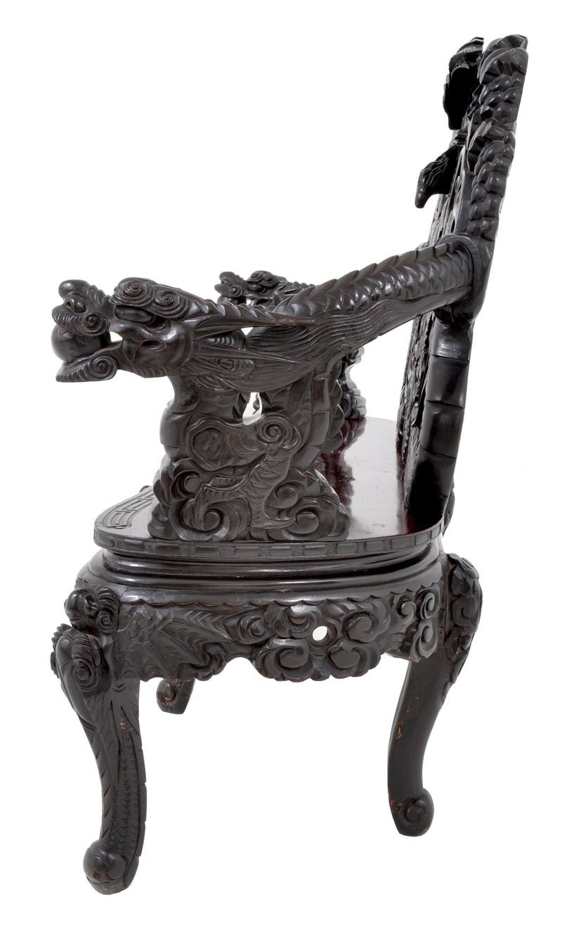 Antique Chinese Qing Dynasty Carved Rosewood Dragon Loveseat / Sofa / Bench, Circa 1890