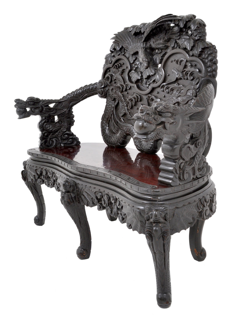 Antique Chinese Qing Dynasty Carved Rosewood Dragon Loveseat / Sofa / Bench, Circa 1890