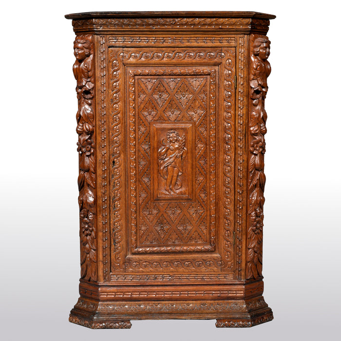 Antique French Baroque Carved Oak Corner Cabinet, circa 1780