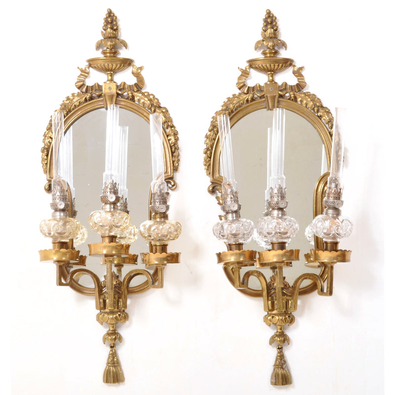 Pair of Fine Antique Gilded Brass Girondels/Wall Mirrors/Oil Lamps, Circa 1860
