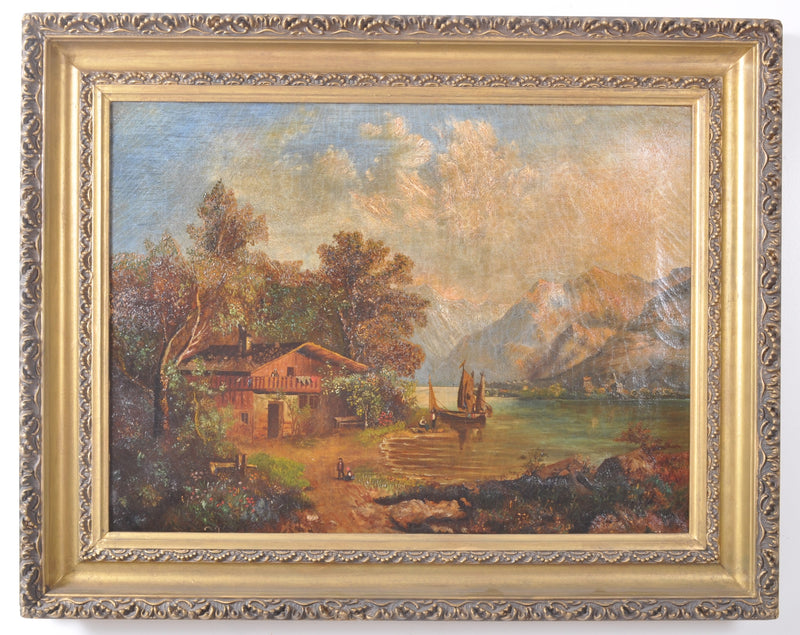 Antique 19th Century Swiss Oil on Canvas Landscape Scene, Circa 1850