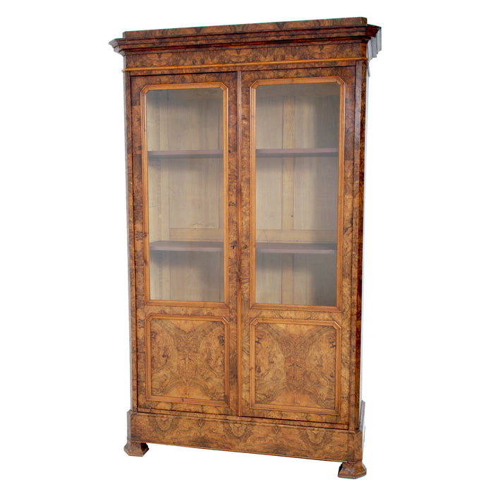 Antique French Louis Philippe Burl Walnut Bookcase / Cabinet, Circa 1830