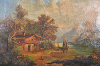 Antique 19th Century Swiss Oil on Canvas Landscape Scene, Circa 1850