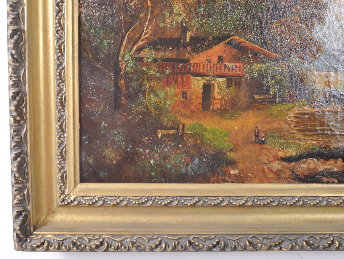 Antique 19th Century Swiss Oil on Canvas Landscape Scene, Circa 1850