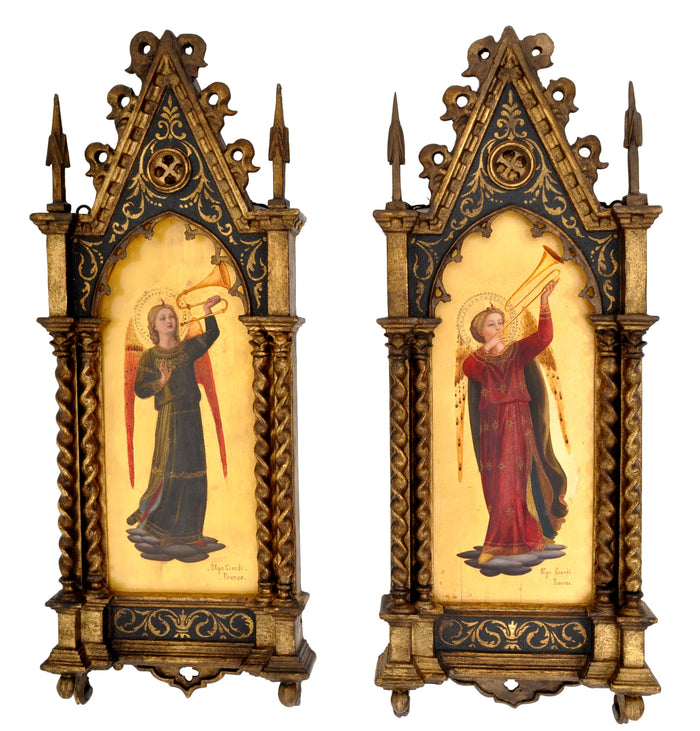 Pair of Antique 19th Century Italian Florentine Painted Gothic Renaissance Panels by Olga Ciardi, circa 1850