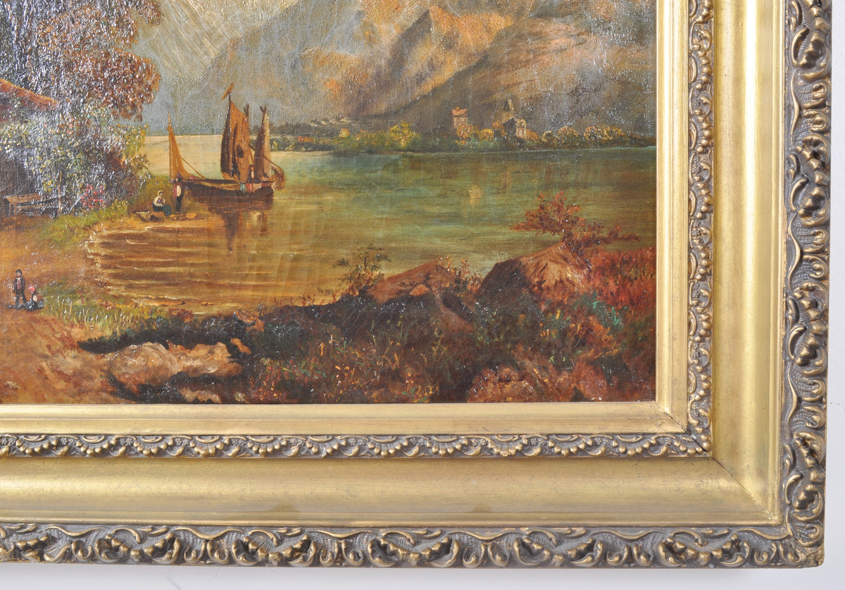 Antique 19th Century Swiss Oil on Canvas Landscape Scene, Circa 1850