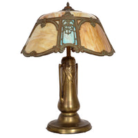 Antique American Art Nouveau Bronze & Slag Glass Table Lamp, circa 1910