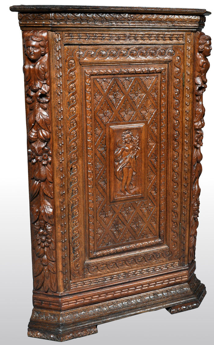 Antique French Baroque Carved Oak Corner Cabinet, circa 1780