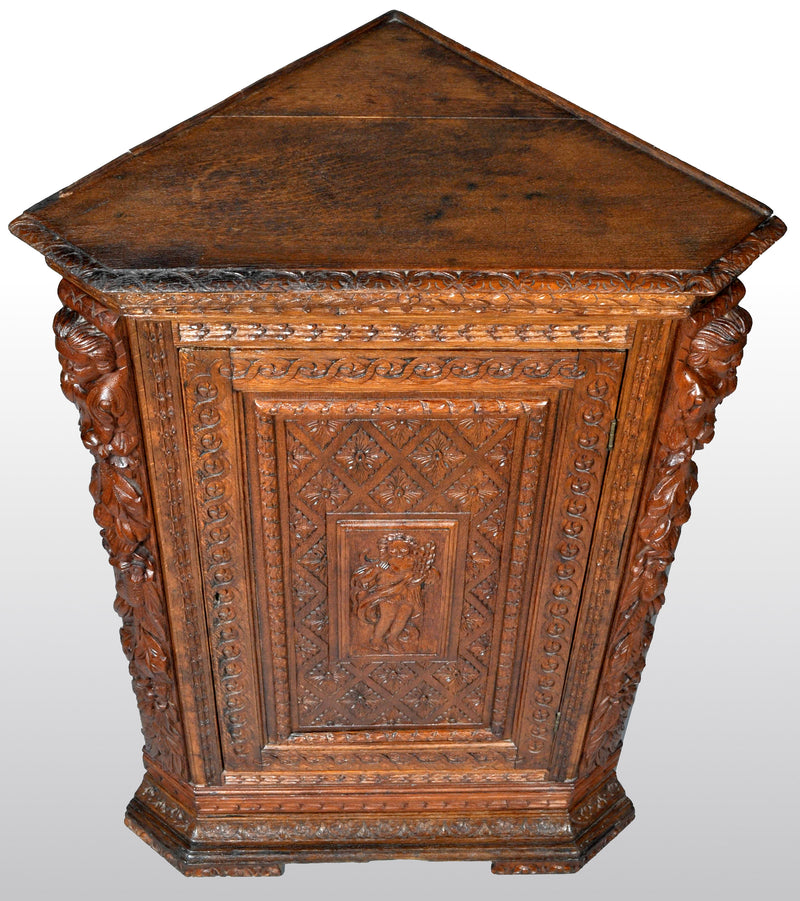 Antique French Baroque Carved Oak Corner Cabinet, circa 1780