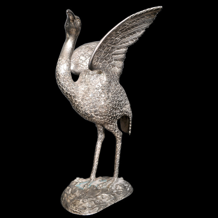 Antique Chinese Engraved Sterling Silver Bird / Heron Sculpture / Statue / Figure, circa 1920