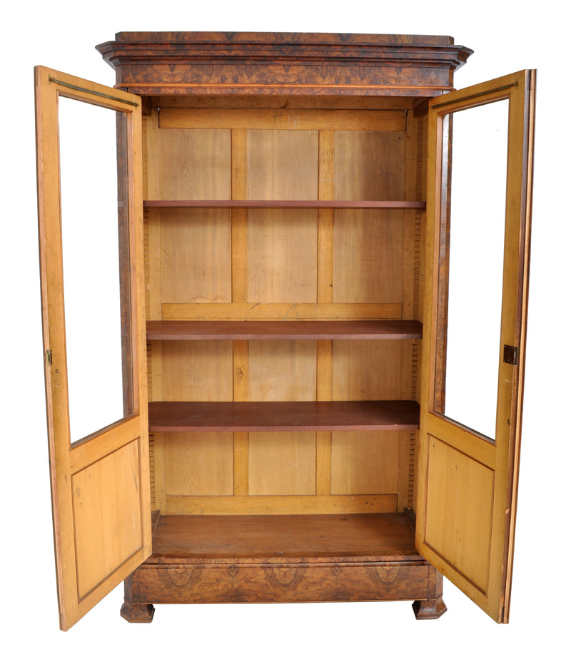 Antique French Louis Philippe Burl Walnut Bookcase / Cabinet, Circa 1830