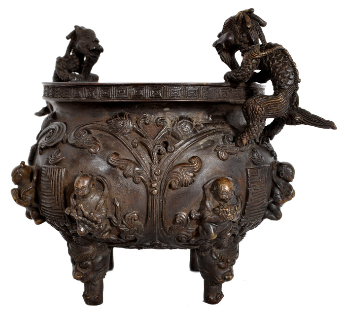 Antique Chinese Bronze Qing Dynasty Buddhistic Dragon Censer / Incense Burner, circa 1800