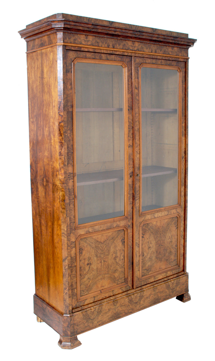 Antique French Louis Philippe Burl Walnut Bookcase / Cabinet, Circa 1830