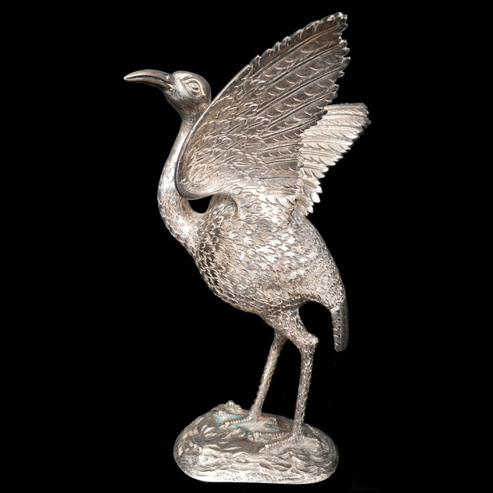 Antique Chinese Engraved Sterling Silver Bird / Heron Sculpture / Statue / Figure, circa 1920