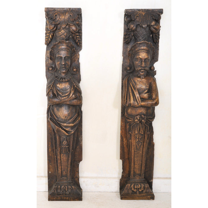 Pair of Carved 17th Century Style Figural Oak Brackets
