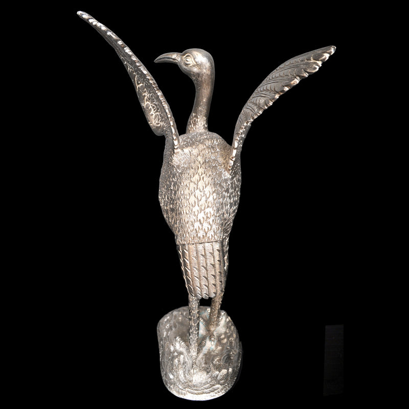 Antique Chinese Engraved Sterling Silver Bird / Heron Sculpture / Statue / Figure, circa 1920