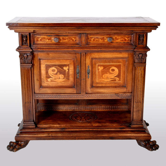 Antique Italian Renaissance Revival Walnut Marquetry Sideboard / Cabinet / Server, circa 1880