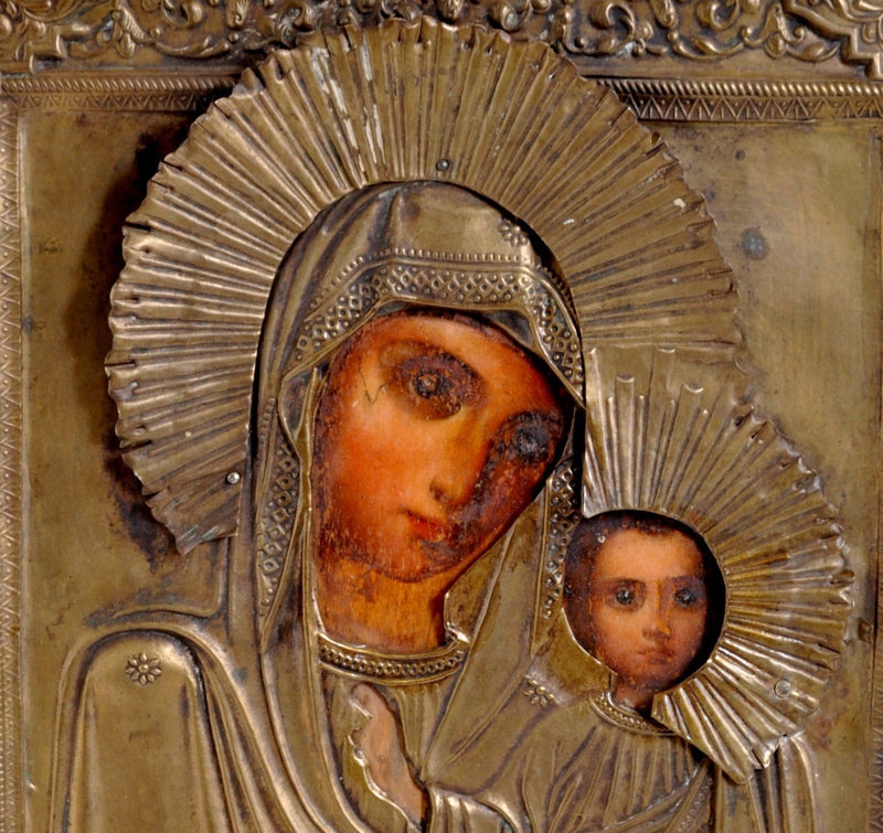 Antique Russian Icon "Mother of God" Egg Tempera on Wooden Panel with Brass Oklad and Riza, Circa 1850