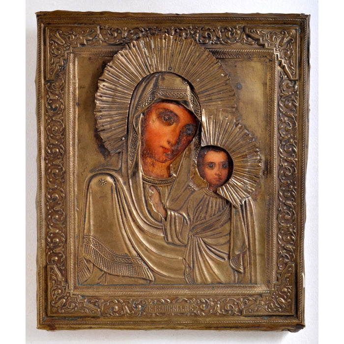 Antique Russian Icon "Mother of God" Egg Tempera on Wooden Panel with Brass Oklad and Riza, Circa 1850