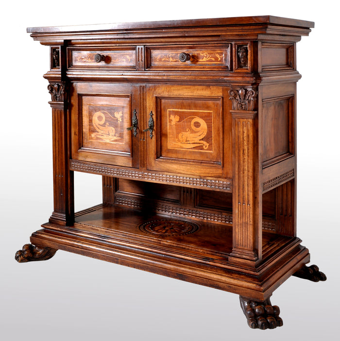 Antique Italian Renaissance Revival Walnut Marquetry Sideboard / Cabinet / Server, circa 1880