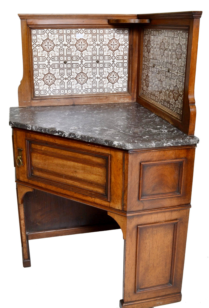 19th Century Pair of Oak Corner Washstands with Minton's Tiles by Maple of London , Circa 1875