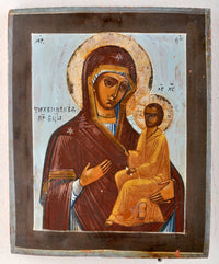 Antique Russian Icon Egg Tempera on Wooden Panel of Virgin and Child, Circa 1880