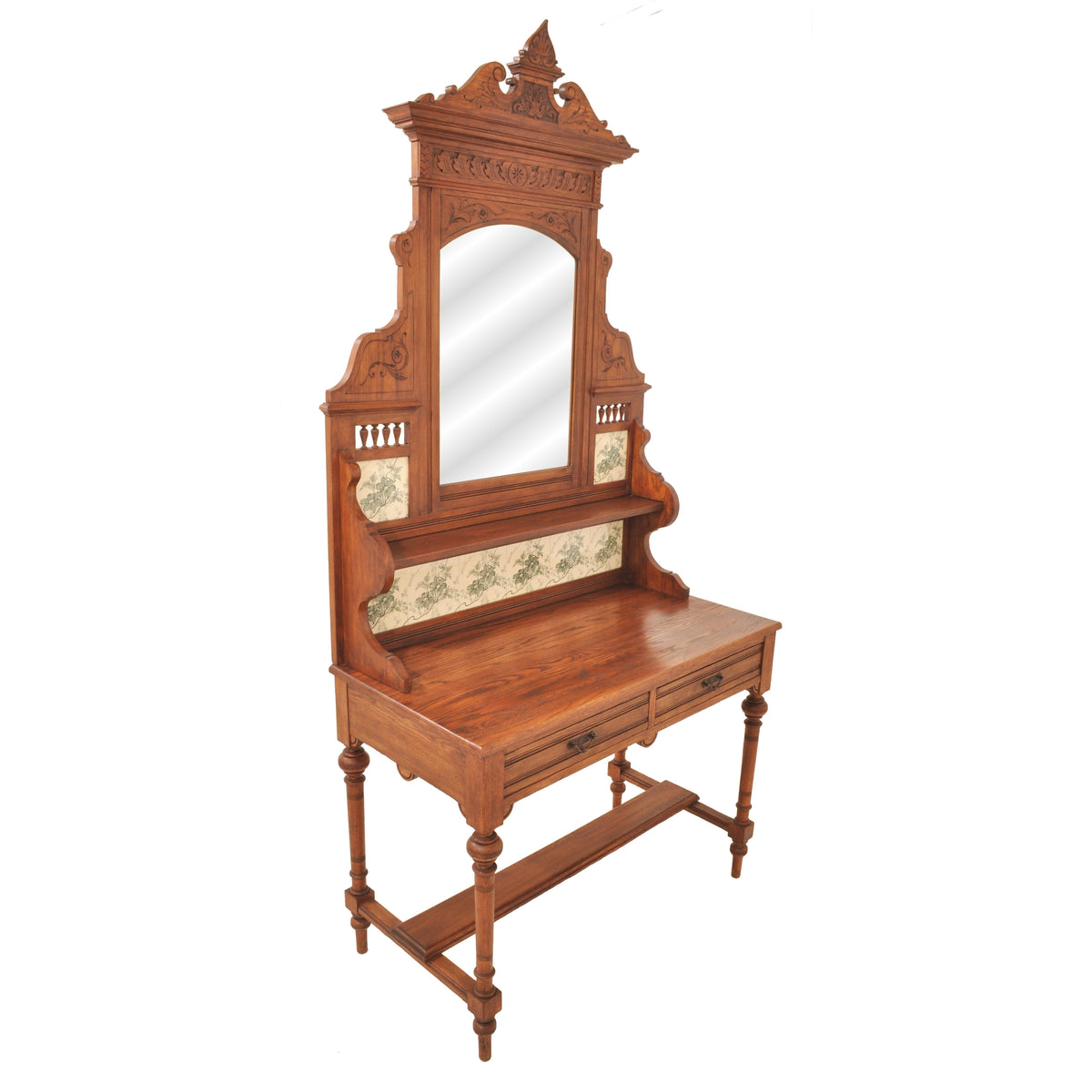 Antique Eastlake Walnut Mirror-Backed & Tiled Washstand/Server, Circa 1875
