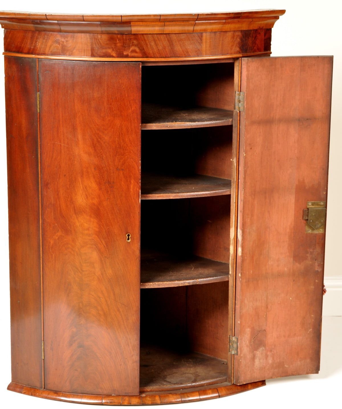 Antique English Georgian Flame Mahogany Bow-Fronted Corner Cabinet, circa 1780