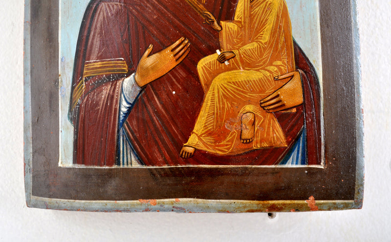 Antique Russian Icon Egg Tempera on Wooden Panel of Virgin and Child, Circa 1880