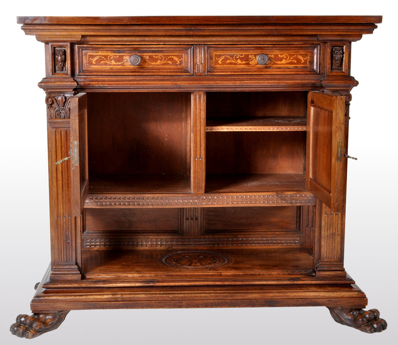 Antique Italian Renaissance Revival Walnut Marquetry Sideboard / Cabinet / Server, circa 1880