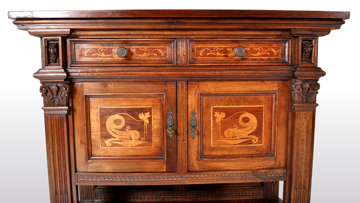 Antique Italian Renaissance Revival Walnut Marquetry Sideboard / Cabinet / Server, circa 1880