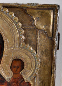Antique Russian Icon "Mother of God" Egg Tempera on Wooden Panel with Brass Oklad and Riza, Circa 1840