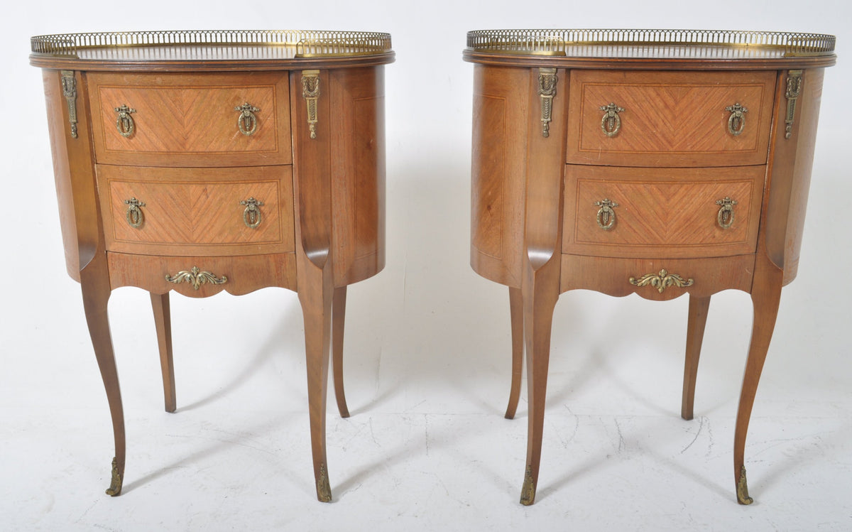 Pair of Antique French Louis XVI Ormolu Mounted Marquetry Oval Side Tables, Circa 1900