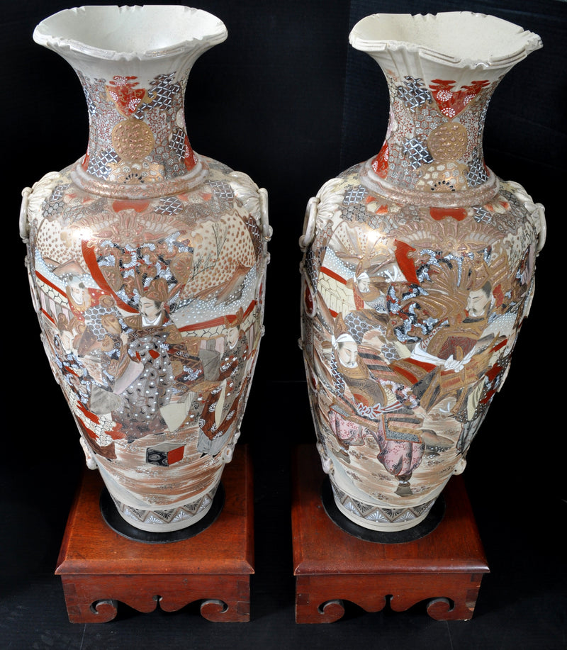 Pair of Monumental Antique Japanese Satsuma Vases with Stands, Circa 1900