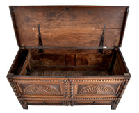 Antique 18th Century English Carved Oak William & Mary Mule Chest / Coffer, Circa 1720