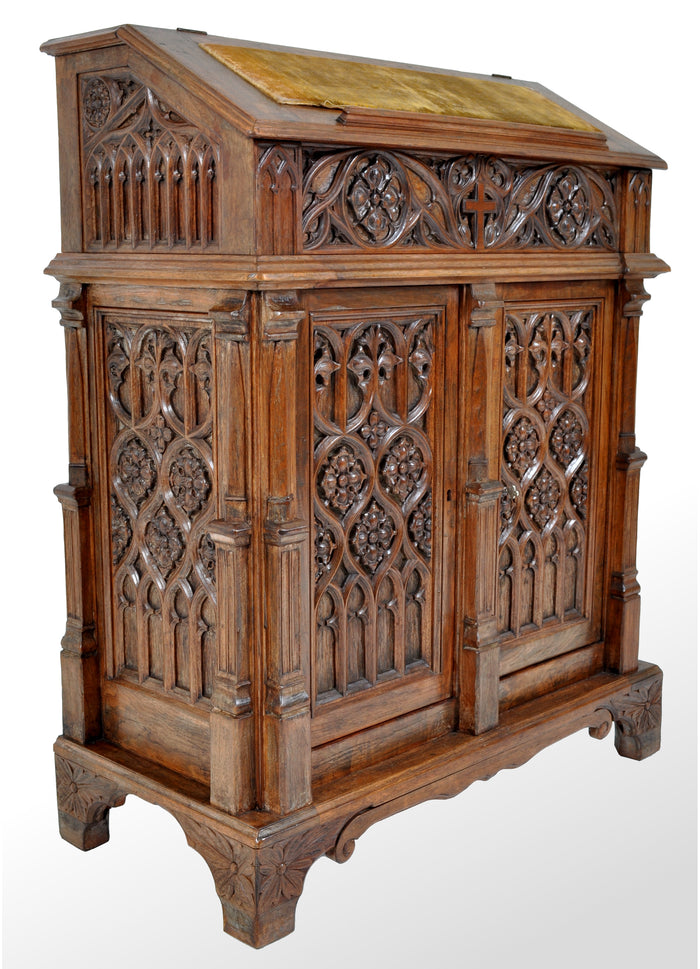 Antique American Gothic Revival Carved Oak Lectern / Cabinet / Desk, circa 1860