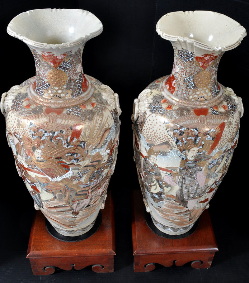 Pair of Monumental Antique Japanese Satsuma Vases with Stands, Circa 1900