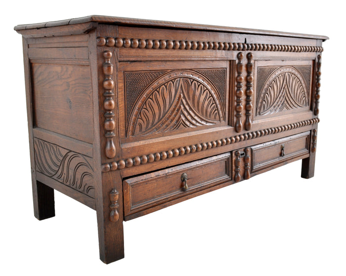 Antique 18th Century English Carved Oak William & Mary Mule Chest / Coffer, Circa 1720