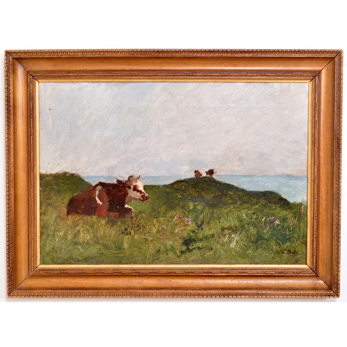Antique French Impressionist Oil Painting on Canvas Landscape of Cows Ernest Ange Duez Circa 1880
