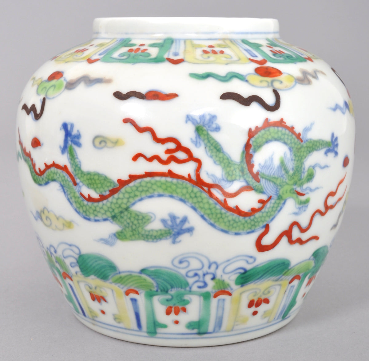 Antique Chinese Republic Period Doucai Jar with Dragons, Circa 1920
