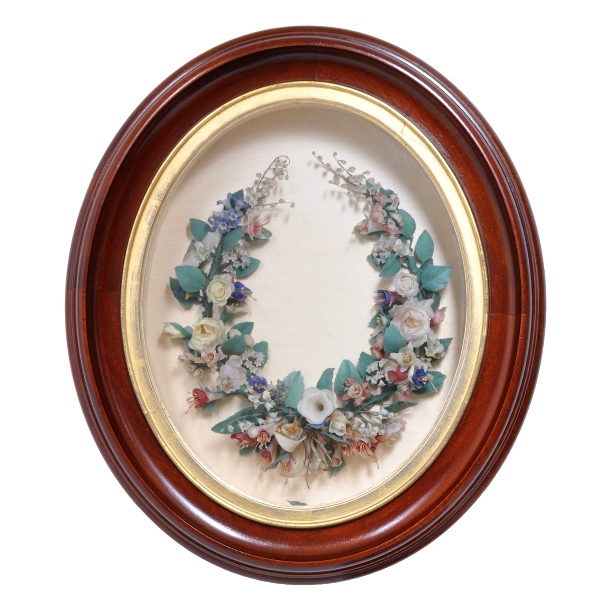 Antique Waxed Floral Wreath Memento Mori in Mahogany Frame, Circa 1860