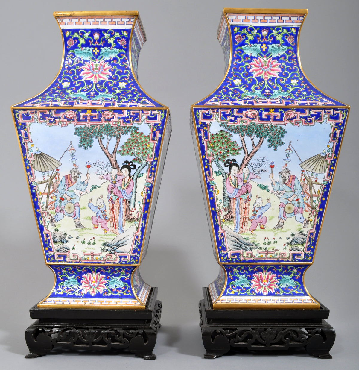 Pair of Large Antique Chinese Qing Dynasty Canton Enamel on Copper Vases, circa 1880