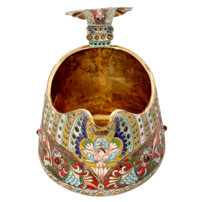 Antique Imperial Russian Silver Gilt Cloisonne Enamel Jeweled Fabergé Kovsh 1908