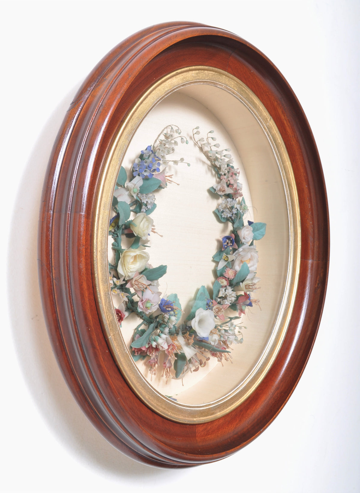 Antique Waxed Floral Wreath Memento Mori in Mahogany Frame, Circa 1860