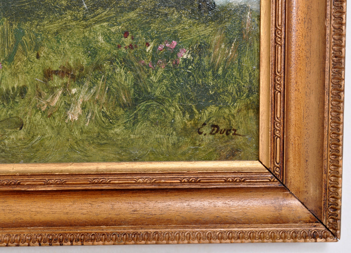 Antique French Impressionist Oil Painting on Canvas Landscape of Cows Ernest Ange Duez Circa 1880