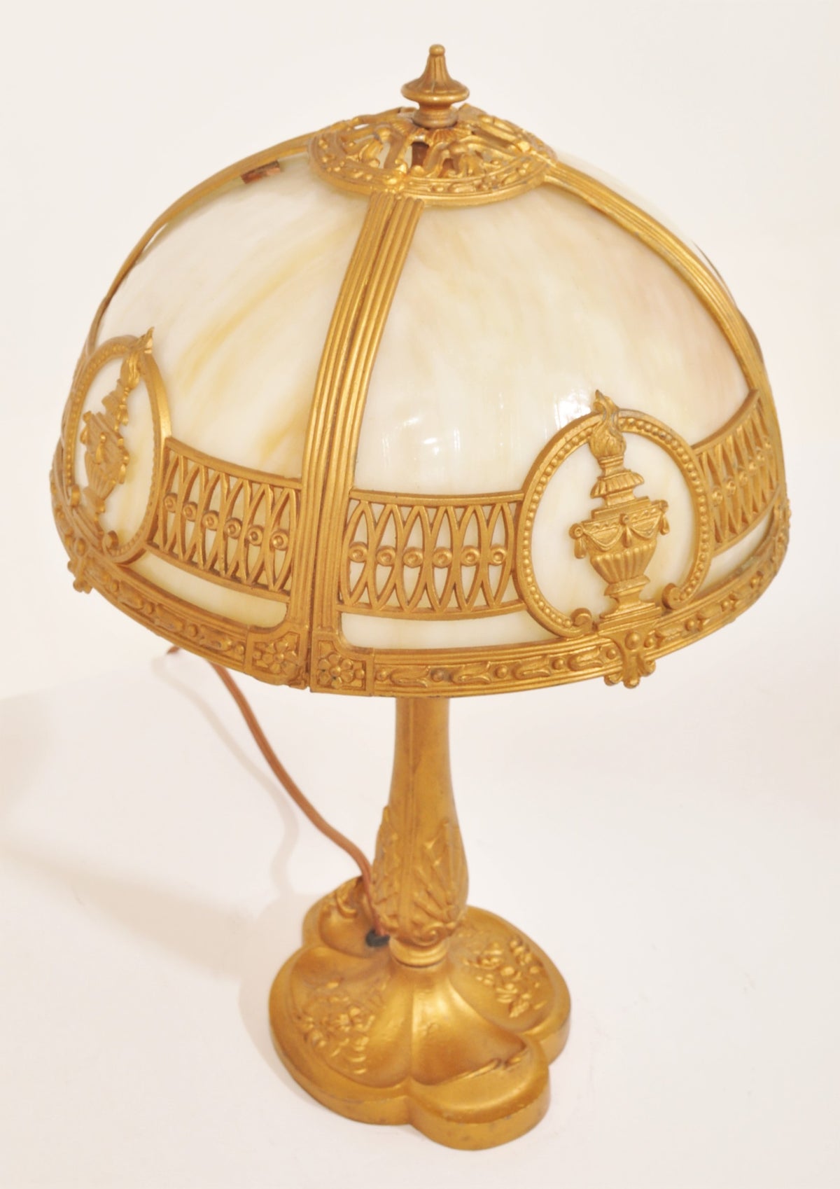 Antique American Boudoir Bronze & Slag Glass Table Lamp, Circa 1900