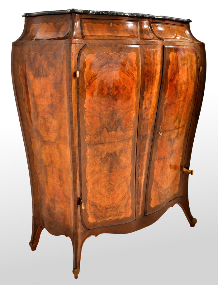 Antique French Art Nouveau Louis XV Inlaid Walnut Tall Marble Top Cabinet, circa 1900