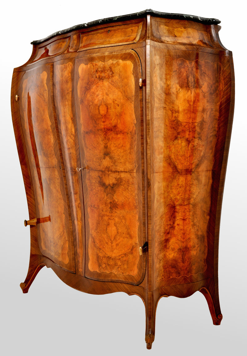 Antique French Art Nouveau Louis XV Inlaid Walnut Tall Marble Top Cabinet, circa 1900