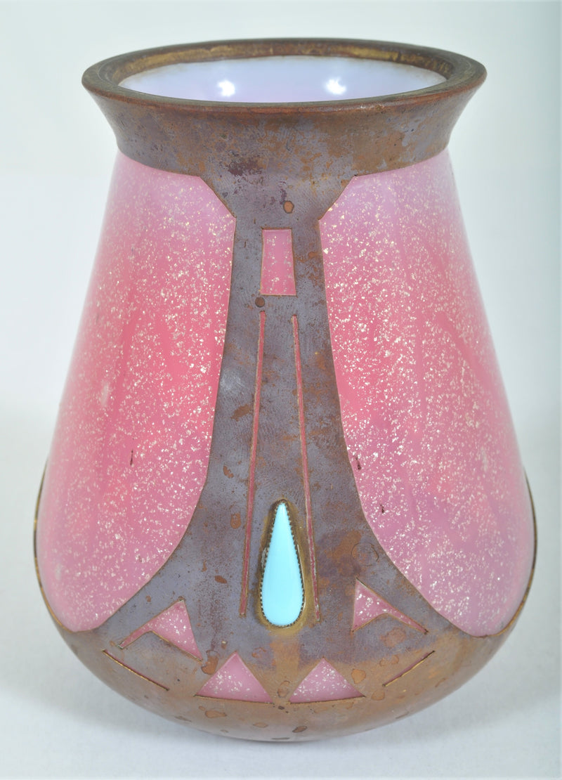 Antique Arts & Crafts Glass Vase with Metal Mounts, Frederic Carder, Circa 1905