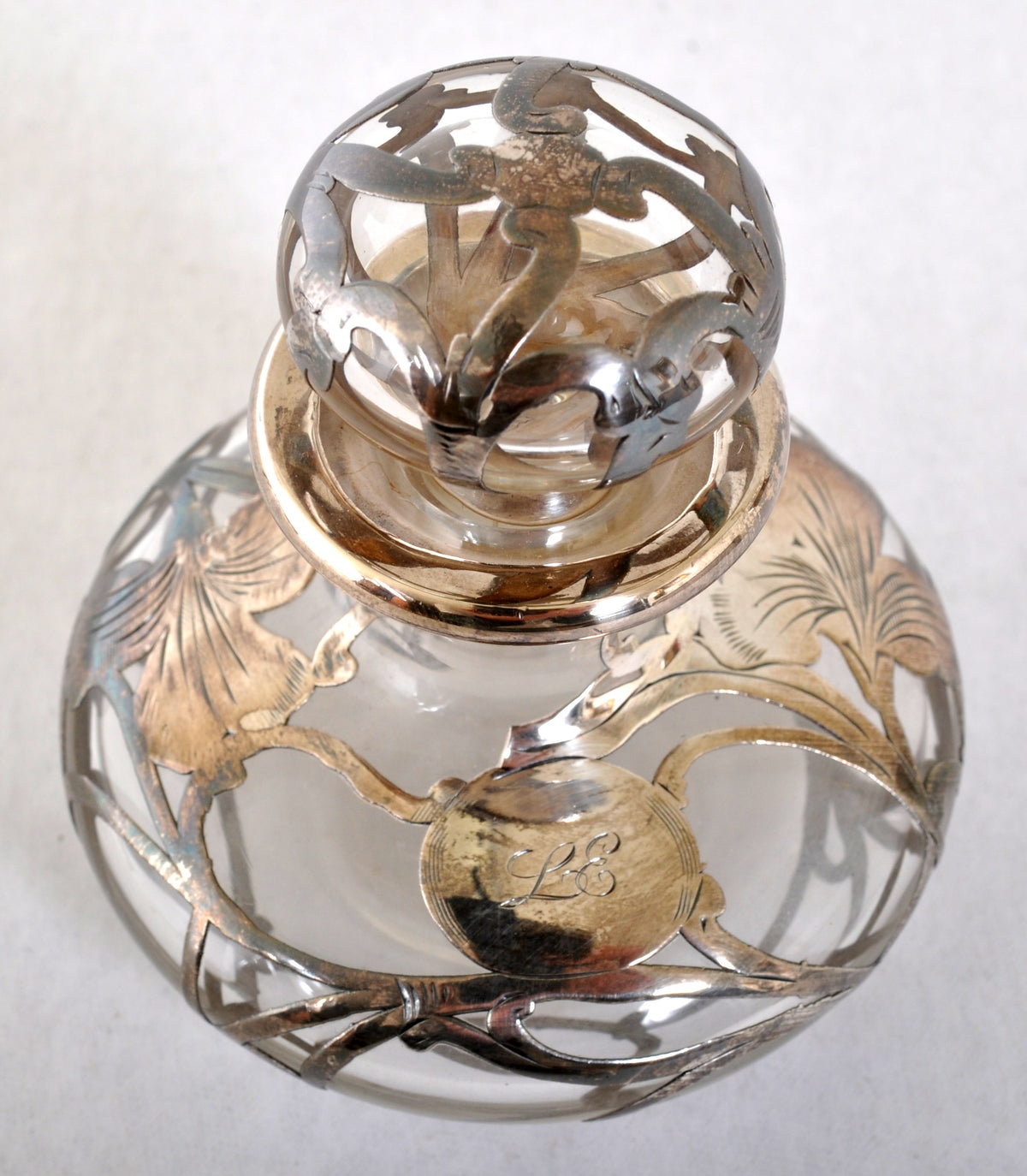 Antique Bohemian Glass Perfume Bottle with Engraved Silver Overlay, Circa 1890